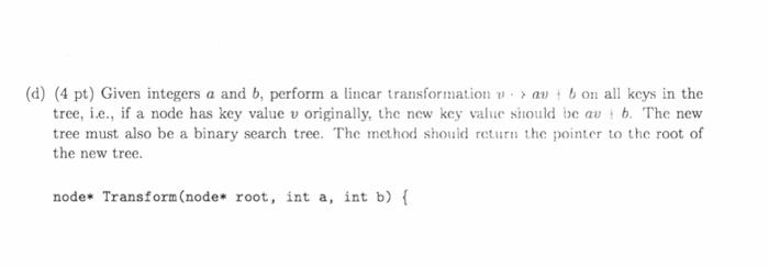 (d) (4 pt) Given integers a and b, perform a lincar transformation au bon all keys in the tree, i.e., if a