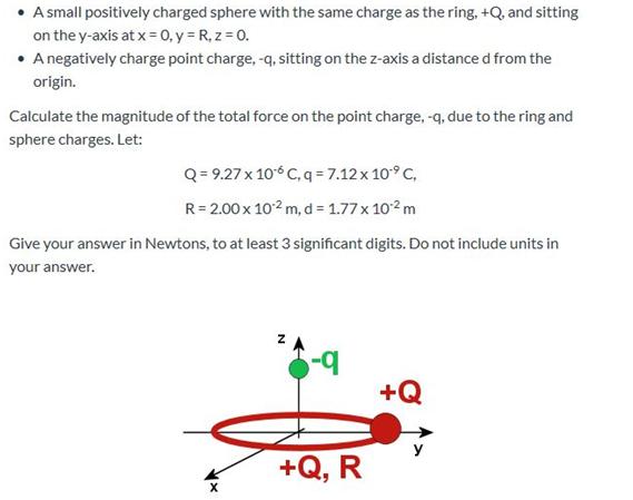 • Asmall positively charged sphere with the same charge as the ring, +Q, and sitting on the y-axis at x = 0, y = R, z 