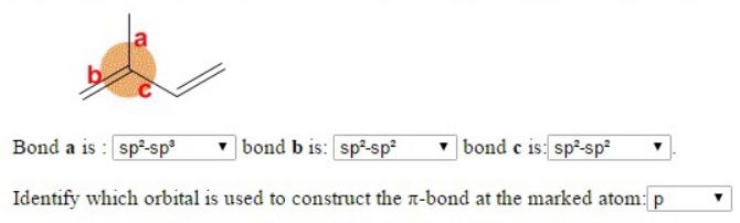 la Bond a is : sp²-sp |bond b is: sp-sp² |bond c is: sp²-sp² Identify which orbital is used to construct the n-bond 