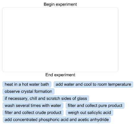 Begin experiment End experiment heat in a hot water bath add water and cool to room temperature observe crystal formatio