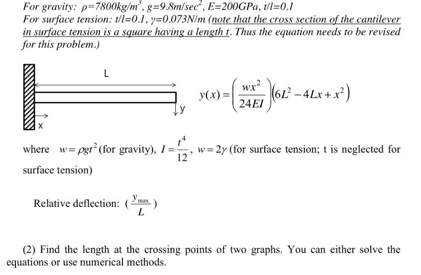 For gravity: p=7800kg/m', g=9.8m/sec, E=200GPA, t/l=0.1 For surface tension: t/l=0.1, y=0.073N/m (note that the cross se