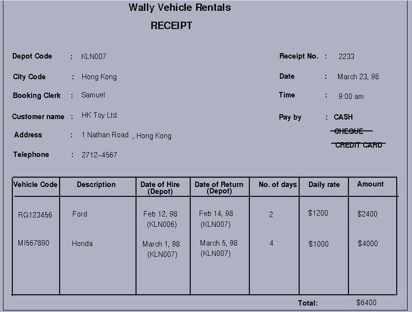 Wally Vehicle Rentals RECEIPT Depot Code : KLNO07 Receipt No. : 2233 City Code : Hong Kong Date March 23, 98 Booking Cle