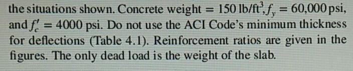 the situations shown. Concrete weight = 150 lb/ft,f = 60,000 psi, = 4000 psi. Do not use the ACI Code's minimum thicknes