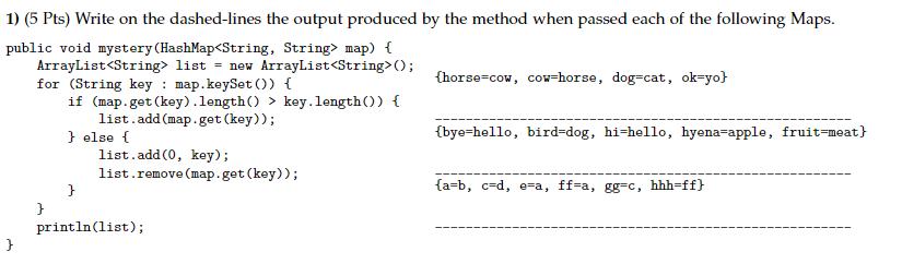 1) (5 Pts) Write on the dashed-lines the output produced by the