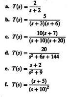 1. T(6) =+2 b. T(s) = (s+3)(s+6) 10(s + 7) a T(s) (s+ 10)(s+20) 20 d. T(s) =+6s + 144 s+2 e. T(s) = +9 L. T(s) = (s+5) (