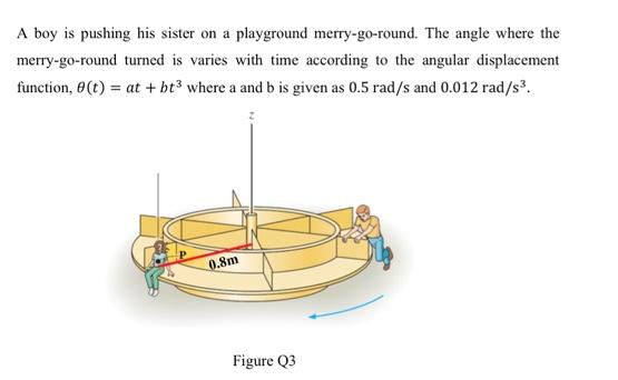 A boy is pushing his sister on a playground merry-go-round. The angle