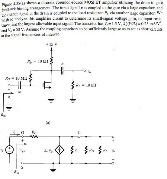 Figure 4.38(a) shows a discrete common-source MOSFET amplifier utilizing the drain-to-gate feedback