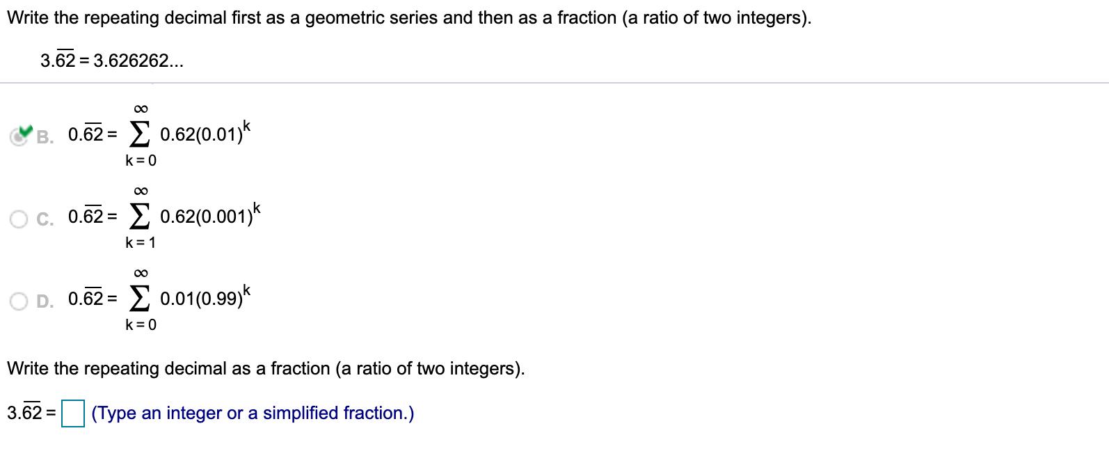 Write the repeating decimal first as a geometric series and then as