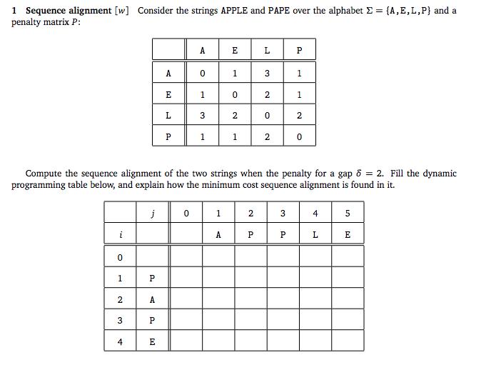 1 Sequence alignment [w] Consider the strings APPLE and PAPE over the