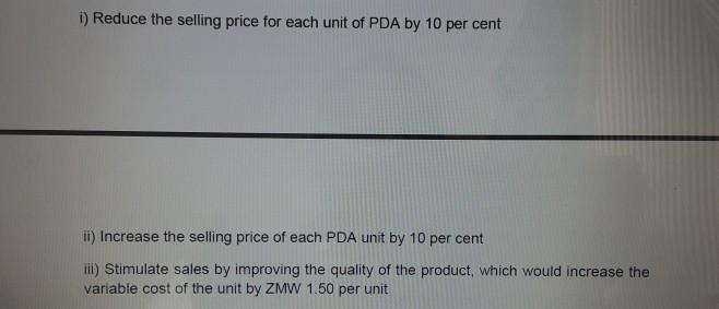 i) Reduce the selling price for each unit of PDA by 10 per cent ii) Increase the selling price of each PDA unit by 10 per cen