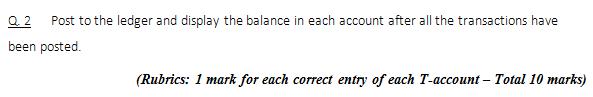 Q.2 Post to the ledger and display the balance in each account after all the transactions have been posted. (Rubrics: 1 mark