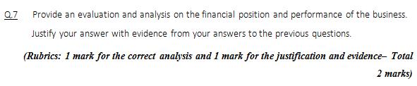 Q7 Provide an evaluation and analysis on the financial position and performance of the business. Justify your answer with evi