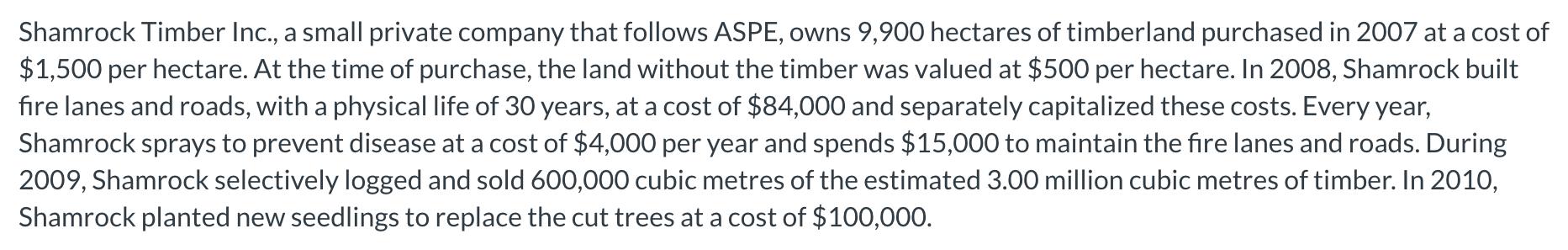 Shamrock Timber Inc., a small private company that follows ASPE, owns 9,900 hectares of timberland purchased in 2007 at a cos