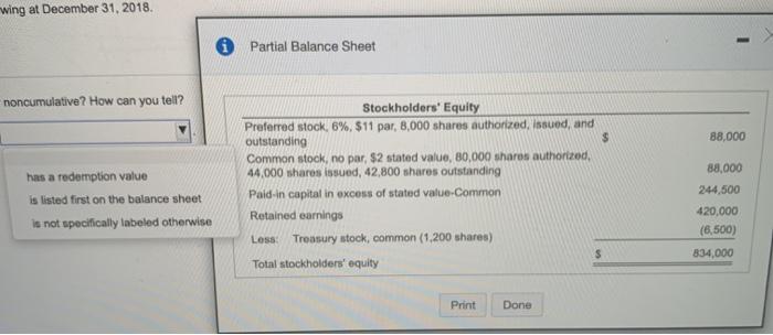 wing at December 31, 2018. - Partial Balance Sheet noncumulative? How can you tell? $ 88,000 has a redemption value is listed