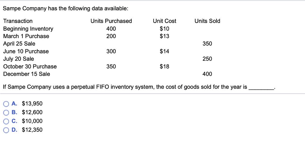 Sampe Company has the following data available Units Sold Transaction Beginning Inventory March 1 Purchase April 25 Sale June 10 Purchase July 20 Sale October 30 Purchase December 15 Sale Units Purchased 400 200 Unit Cost $10 $13 350 250 400 300 $14 350 $18 If Sampe Company uses a perpetual FIFO inventory system, the cost of goods sold for the year is O A. $13,950 O B. $12,600 O C. $10,000 O D. $12,350