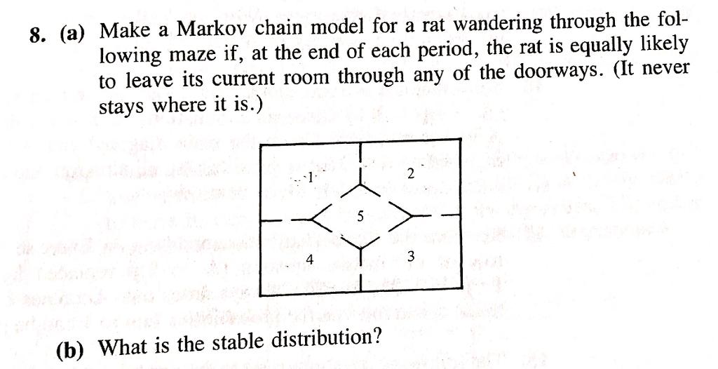 8. (a) Make a Markov chain model for a rat wandering through the fol- lowing maze if, at the end of each period, the rat equally likely to leave its current room through any of the doorways. (It ne stays where it is.) (b) What is the stable distribution?
