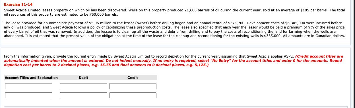 Exercise 11-14 Sweet Acacia Limited leases property on which oil has been discovered. Wells on this property produced 21,600