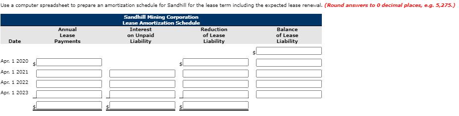 Use a computer spreadsheet to prepare an amortization schedule for Sandhill for the lease term including the expected lease r