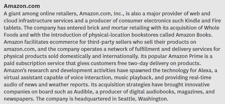 Amazon.com A giant among online retailers, Amazon.com, Inc., is also a major provider of web and cloud infrastructure service