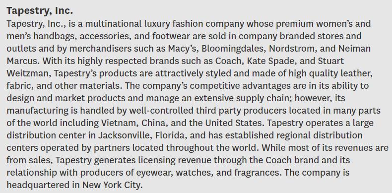 Tapestry, Inc. Tapestry, Inc., is a multinational luxury fashion company whose premium womens and mens handbags, accessorie