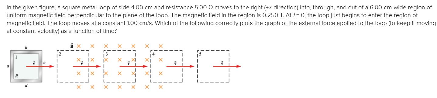 In the given figure, a square metal loop of side 4.00 cm and resistance 5.00 12 moves to the right (+x-direction) into, throu