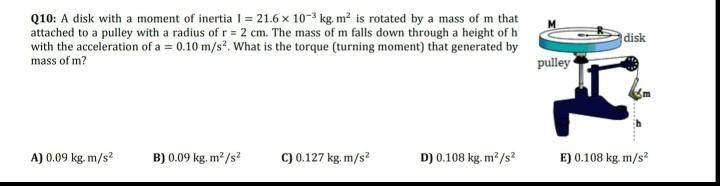 Q10: A disk with a moment of inertia 1 = 21.6 x 10-3 kg, mº is rotated by a mass of m that attached to a pulley with a radius