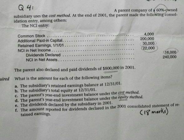 Q4: A parent company of a 60%-owned subsidiary uses the cost method. At the end of 2001, the parent made the following consol