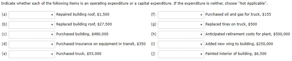 Indicate whether each of the following items is an operating expenditure or a capital expenditure. If the expenditure is neit