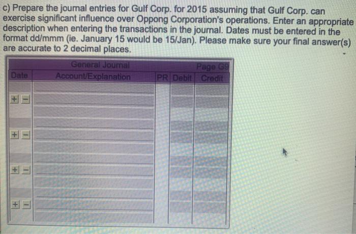 c) Prepare the journal entries for Gulf Corp. for 2015 assuming that Gulf Corp. can exercise significant influence over Oppon