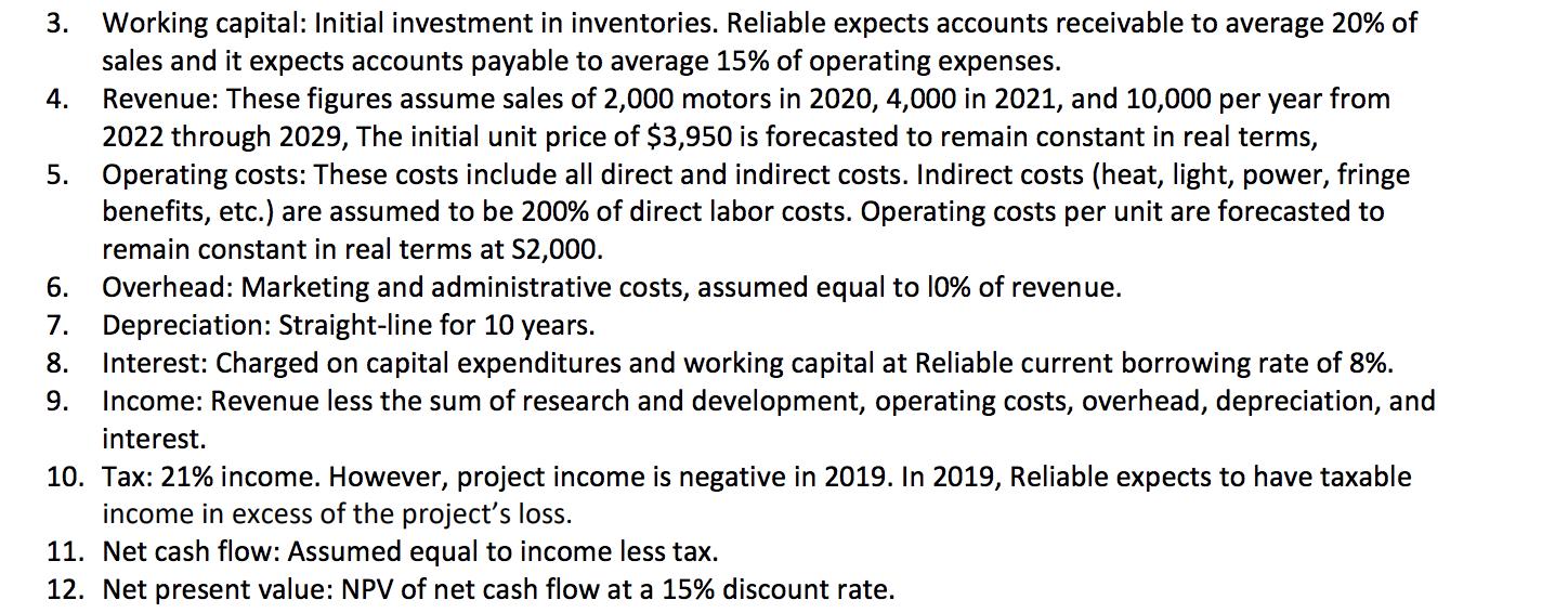 3. Working capital: Initial investment in inventories. Reliable expects accounts receivable to average 20% of sales and it ex