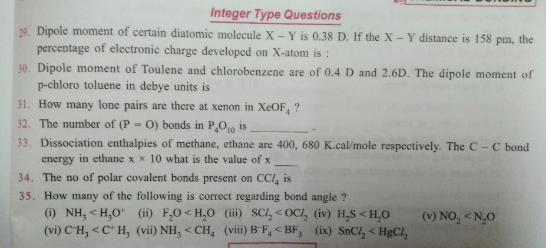 Integer Type Questions 9. Dipole moment of certain diatomic molecule X -