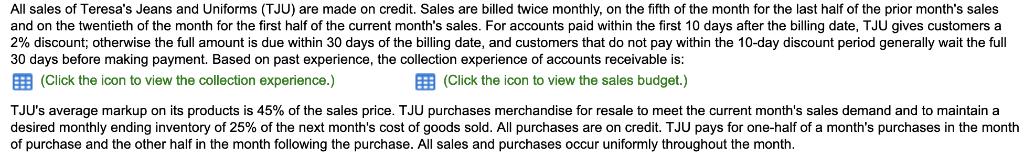 All sales of Teresas Jeans and Uniforms (TJU) are made on credit. Sales are billed twice monthly, on the fifth of the month