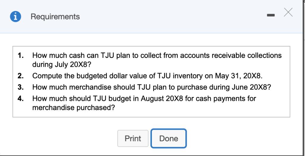 Requirements 1. How much cash can TJU plan to collect from accounts receivable collections during July 20X8? Compute the budg