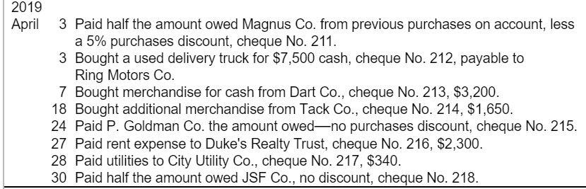 2019 April 3 Paid half the amount owed Magnus Co. from previous purchases on account, less a 5% purchases discount, cheque No