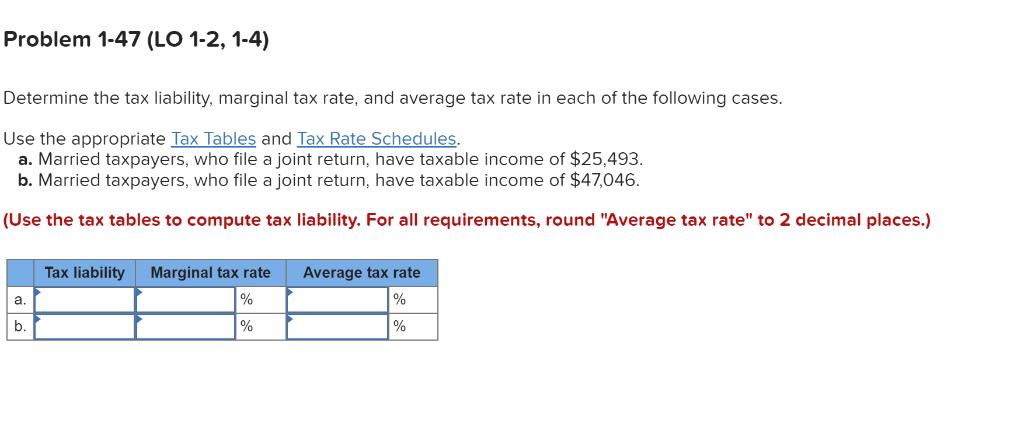 Problem 1-47 (LO 1-2,1-4) Determine the tax liability, marginal tax rate, and average tax rate in each of the following cases