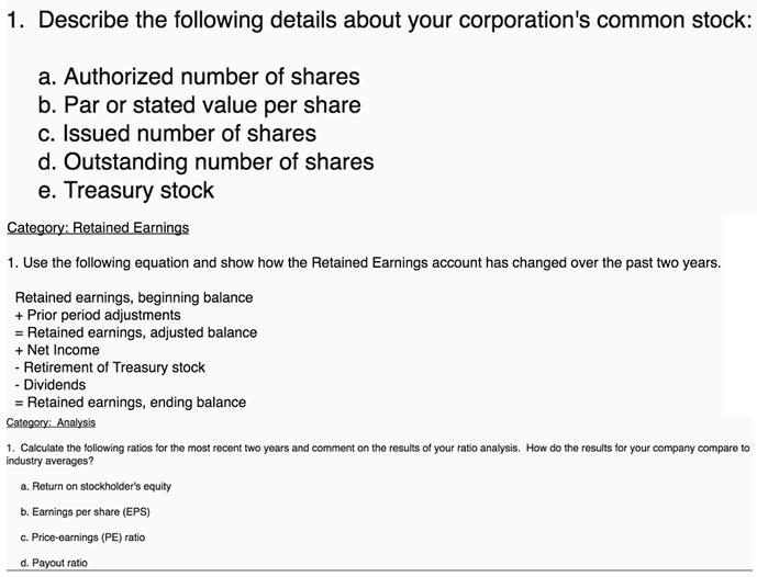 1. Describe the following details about your corporation's common stock: a. Authorized number of shares b.