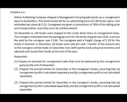 Problem 6-2. Wilson Publishing Company shipped 4 Management Encyclopedia books on a consignment basis to booksellers. This bo