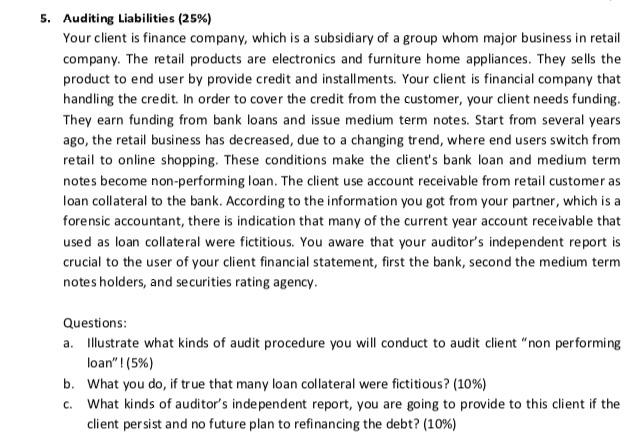 5. Auditing Liabilities (25%) Your client is finance company, which is a subsidiary of a group whom major business in retail