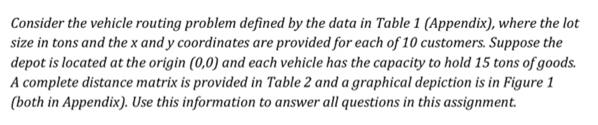 Consider the vehicle routing problem defined by the data in Table 1 (Appendix), where the lot size in tons
