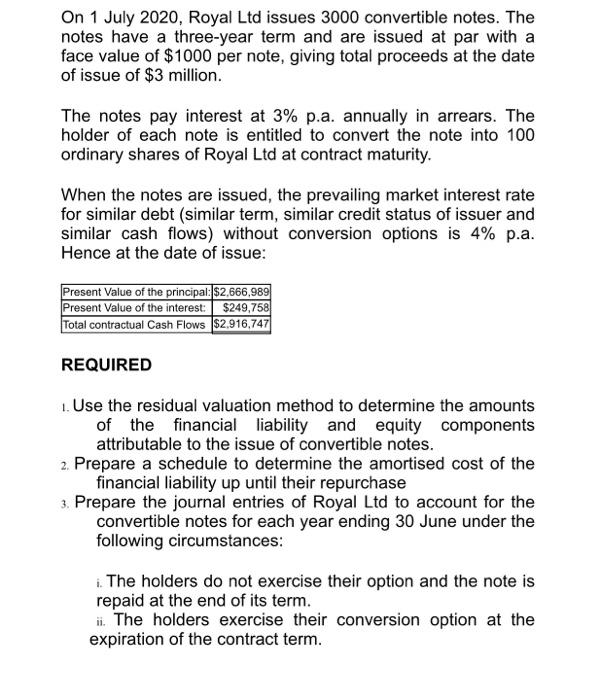 On 1 July 2020, Royal Ltd issues 3000 convertible notes. The notes have a three-year term and are issued at par with a face v