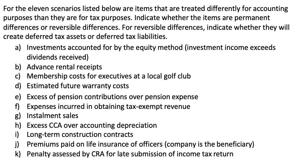 For the eleven scenarios listed below are items that are treated differently for accounting purposes than they are for tax pu
