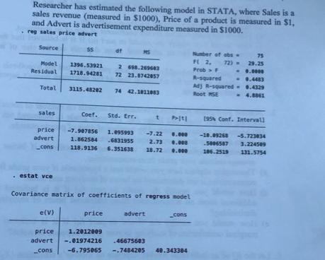 Researcher has estimated the following model in STATA, where Sales is a sales revenue (measured in $1000),