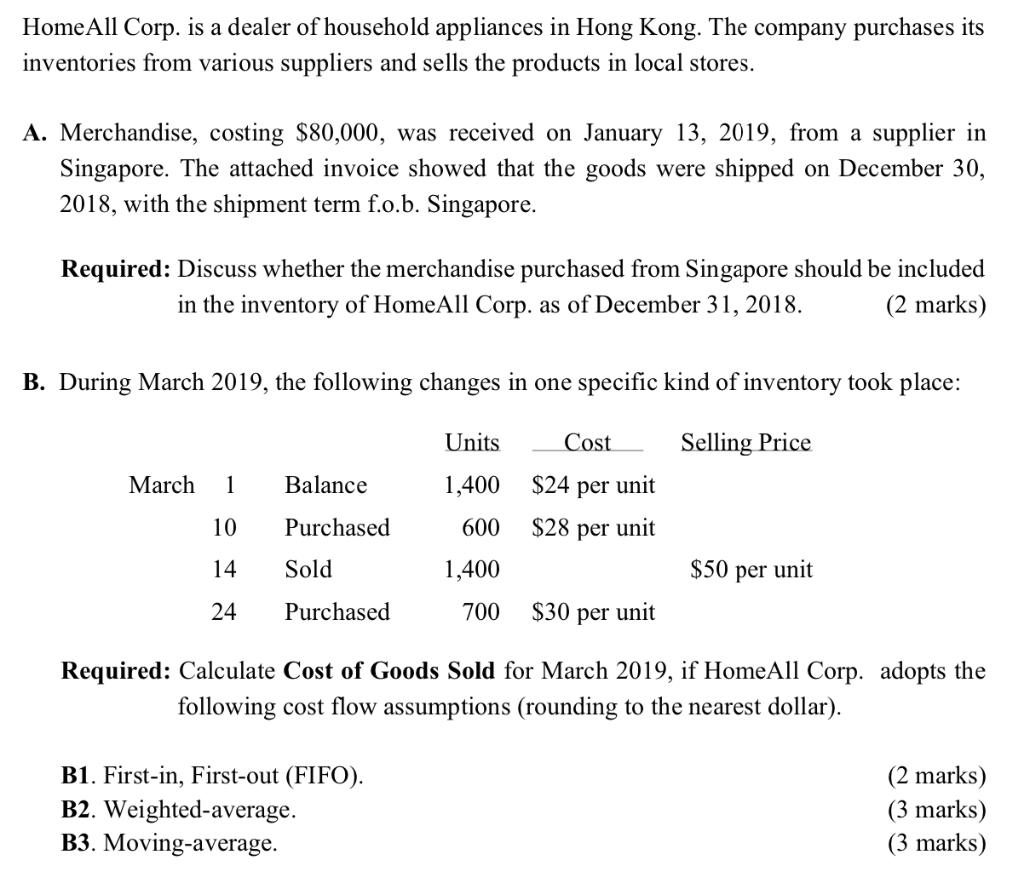 Home All Corp. is a dealer of household appliances in Hong Kong. The company purchases its inventories from various suppliers