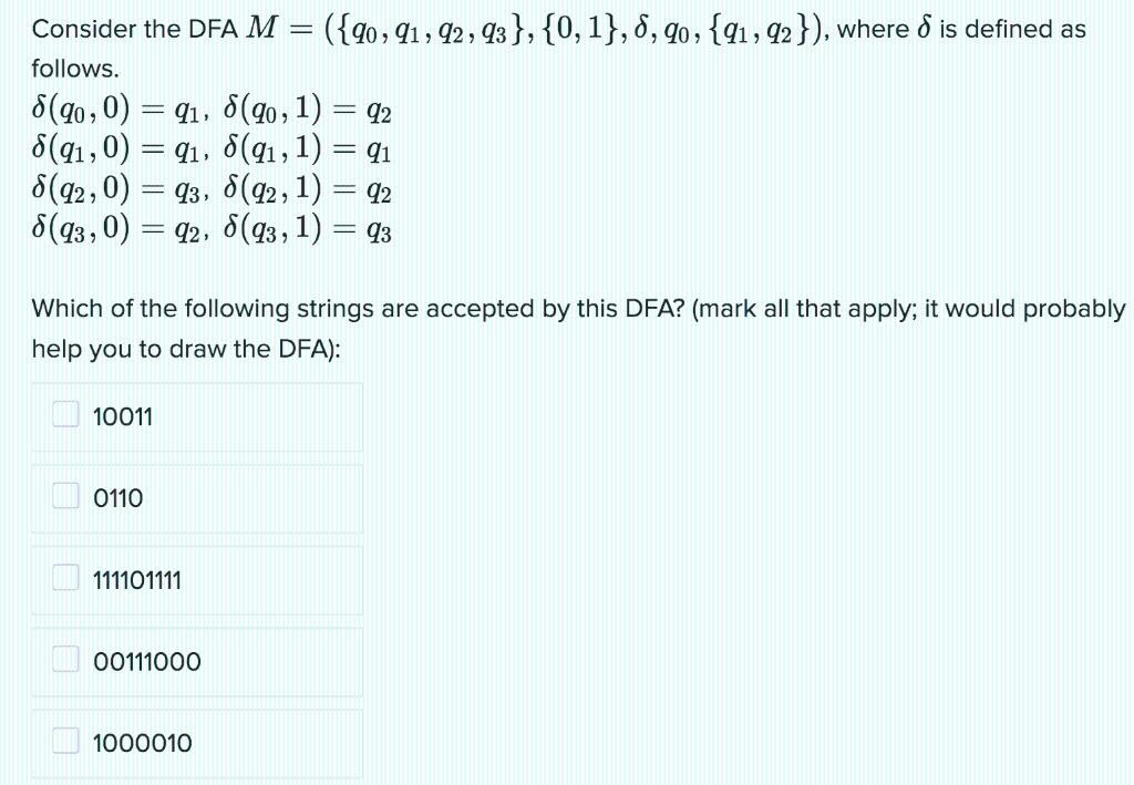 Consider the DFA M = ({40, 41, 42, 93 }, {0, 1},