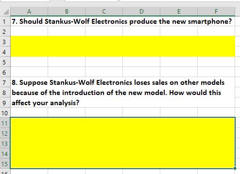A B E F с 1 7. Should Stankus-Wolf Electronics produce the new smartphone? 2 3 4 5 6 78. Suppose Stankus-Wolf Electronics los