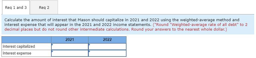 Req 1 and 3 Reg 2 Calculate the amount of interest that Mason should capitalize in 2021 and 2022 using the weighted average m