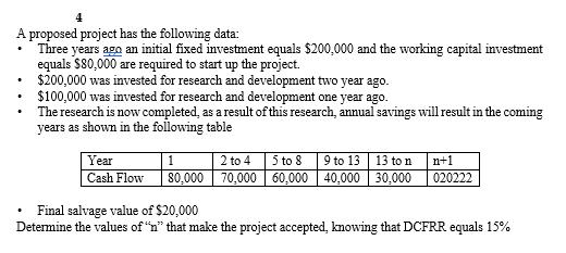 A proposed project has the following data: Three years ago an initial fixed investment equals $200,000 and the working capita