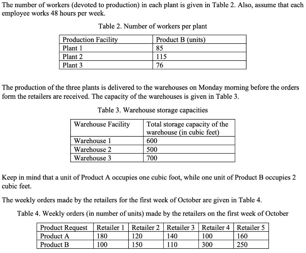 The number of workers (devoted to production) in each plant is given in Table 2. Also, assume that each employee works 48 hou