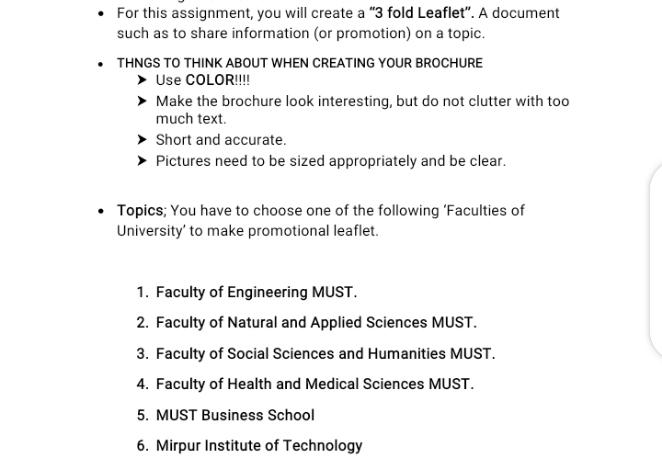 For this assignment, you will create a "3 fold Leaflet". A document
