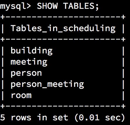 mysql> SHOW TABLES; I Tables in scheduling I I building I meeting I person person meeting I room 5 rows in set (O. 01 sec)
